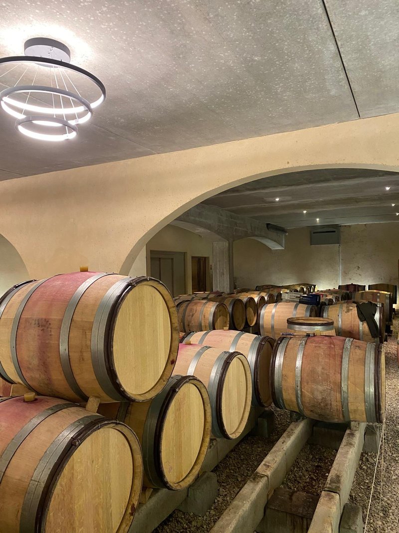 Cave à barriques dans un domaine de la Côte de Nuits, Bourgogne
